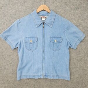 Pine Cove Zip Front Shirt Women's Size 10 Blue Denim Short Sleeve Cotton Pockets
